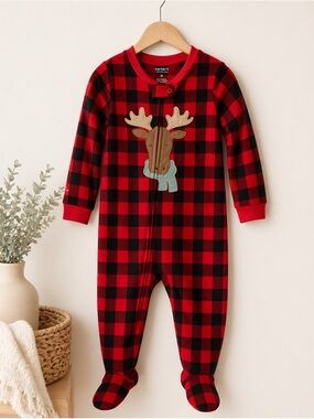 Carter’s 3T Buffalo Plaid Moose Footie Pajamas Red Black Fleece Christmas Sleep